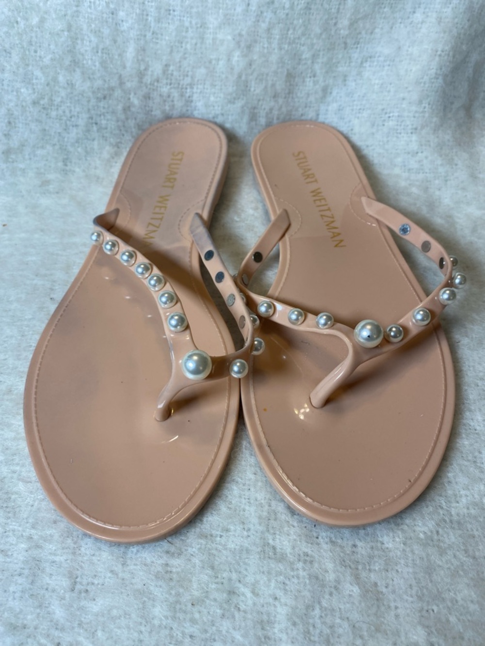 Stuart Weitzman Blush Pink Pearl-Embellished Jelly Thong Sandals
